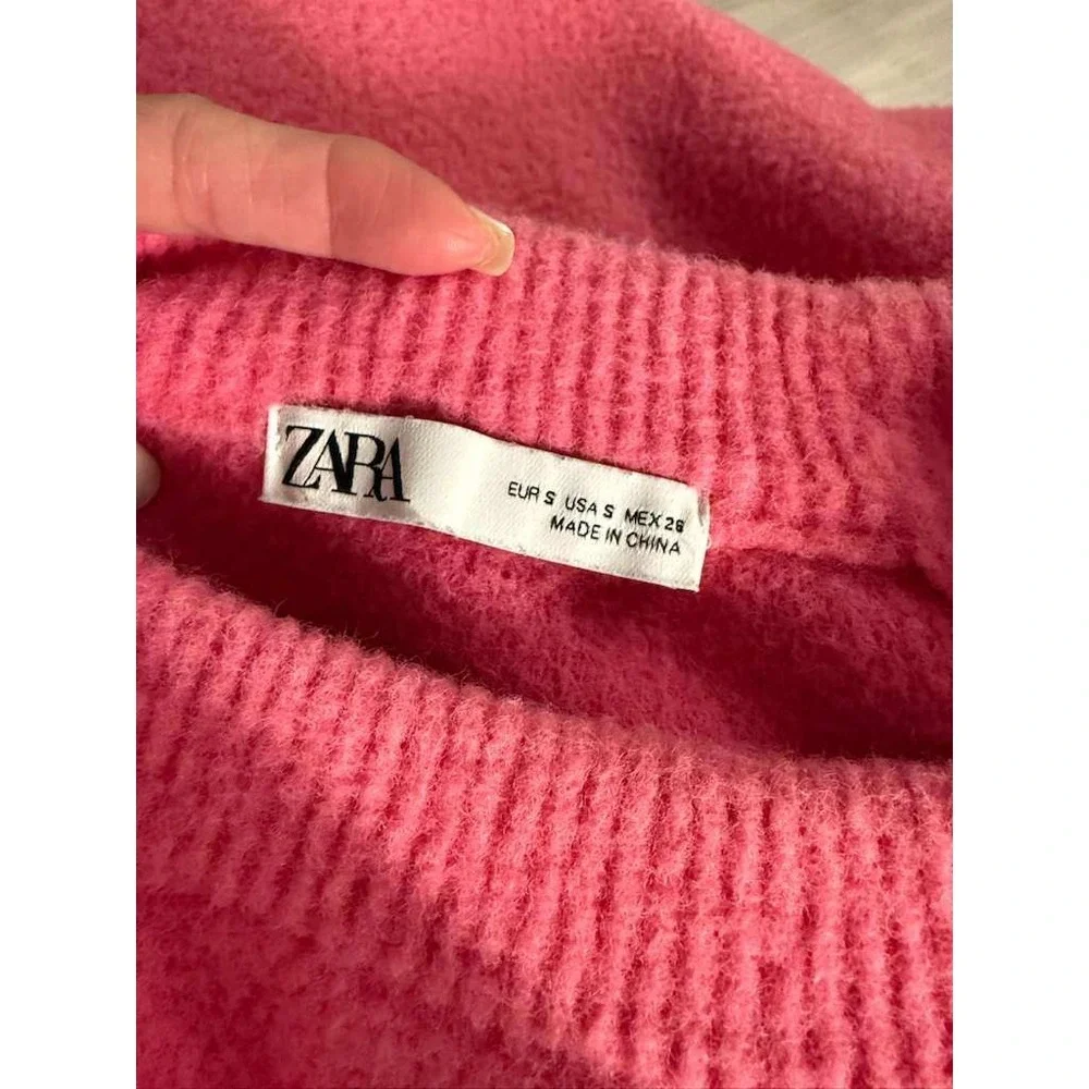 ZARA Textured Crewneck Pullover Sweater Bright Pink Cozy Knit Womens S